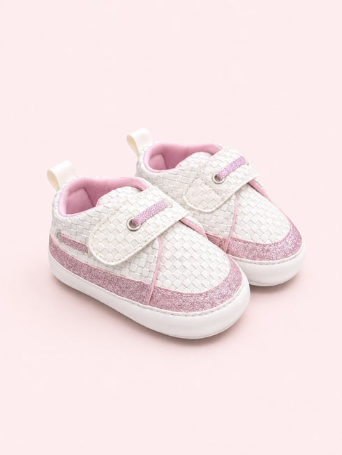 White & Pink Woven Texture Sneakers with Velcro Straps