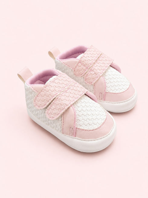 Pink & White Woven Texture Sneakers with Velcro Straps