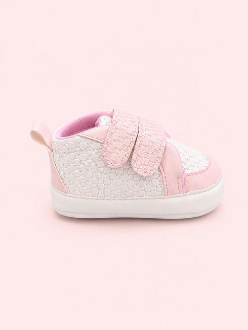 Pink & White Woven Texture Sneakers with Velcro Straps