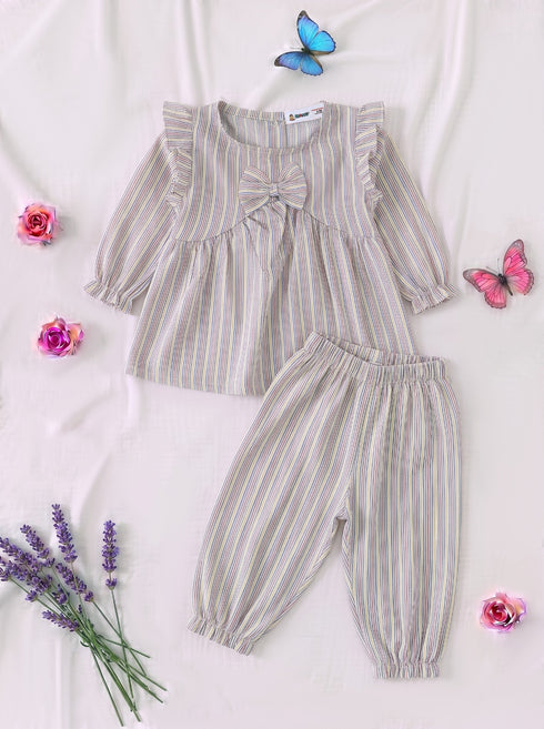 Colorful Striped Bow Detail Frock Set