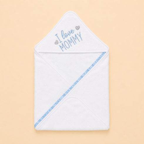 I Love Mommy Embroidered Baby Hooded Bath Towel 76x76 (Blue)