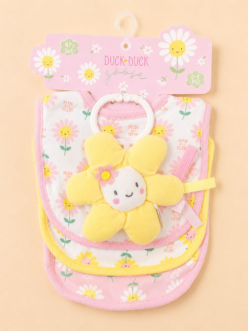4-Pcs Sunflower Baby Bibs & Plush Toy Gift Set