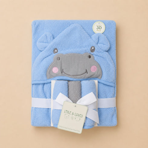 Hippo Baby Hooded Bath Towel Set With 3 Wash Cloths