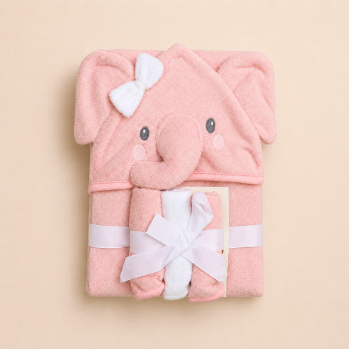 Elephant Baby Hooded Bath Towel Set With 3 Wash Cloths