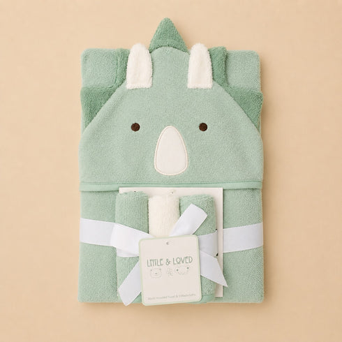 Dino Baby Hooded Bath Towel Set With 3 Wash Cloths