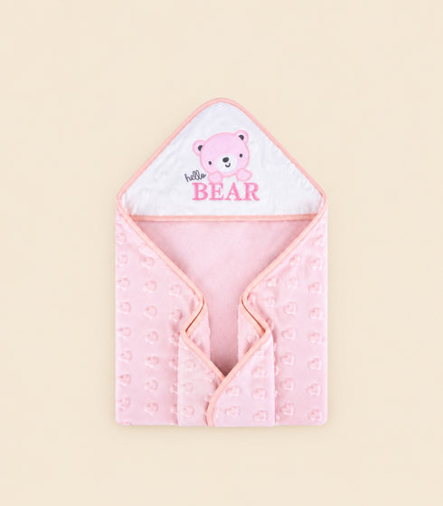 Hello Bear Embroidered Soft Dotted Hooded Blanket (Pink)