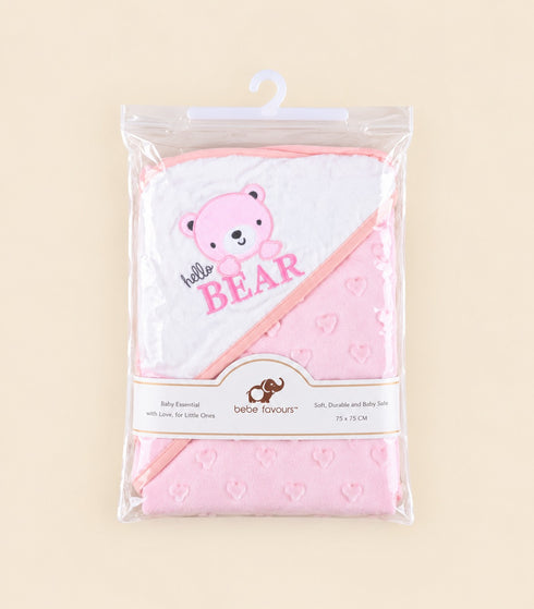 Hello Bear Embroidered Soft Dotted Hooded Blanket (Pink)