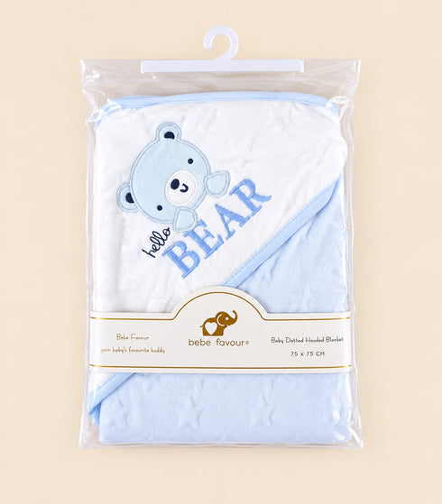 Hello Bear Embroidered Soft Dotted Hooded Blanket (Blue)