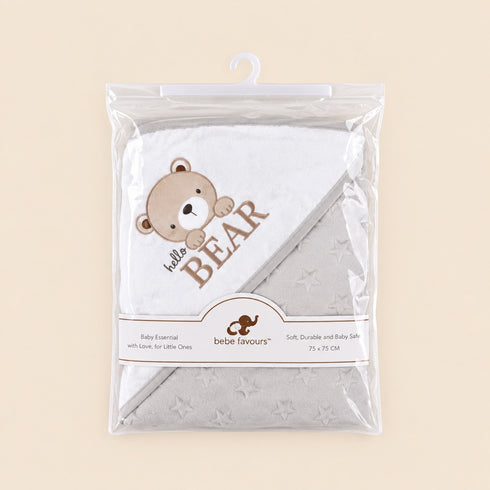 Hello Bear Embroidered Soft Dotted Hooded Blanket (Grey)