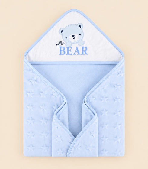 Hello Bear Embroidered Soft Dotted Hooded Blanket (Blue)