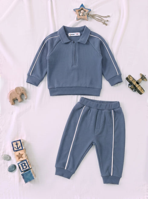 Ribbed Quarter-Zip Raglan Set (Steel Blue)