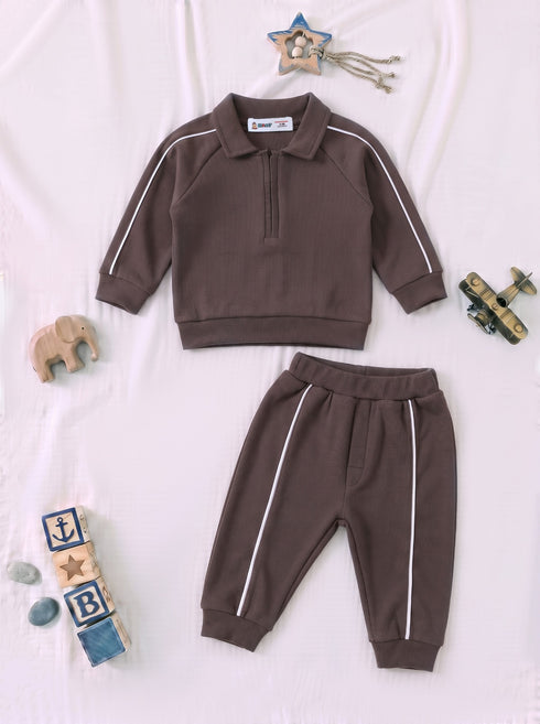 Ribbed Quarter-Zip Raglan Set (Brown)