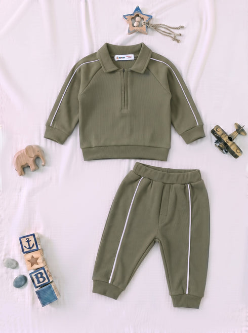 Ribbed Quarter-Zip Raglan Set (Olive Green)