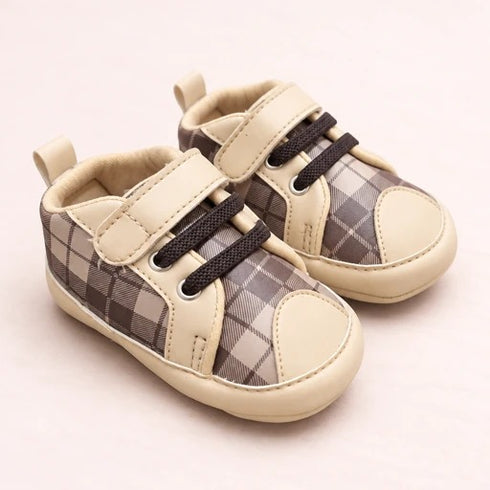 Beige Plaid Sneakers with Velcro Straps