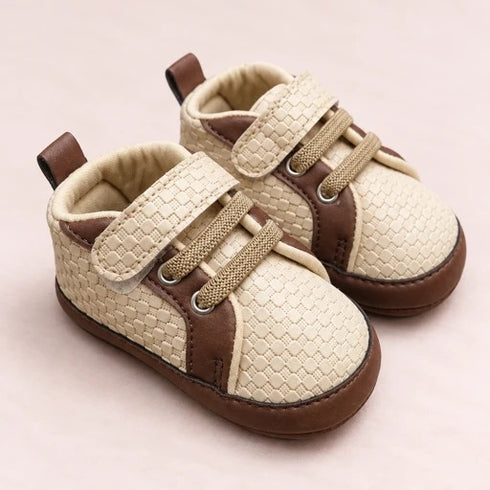 Cream & Brown Woven Texture Sneakers with Velcro Straps