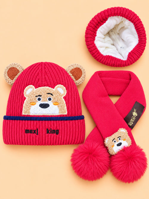 2-Pcs Bear Embroidered Earflap Beanie Cap & Knitted Muffler Gift Set (Red)