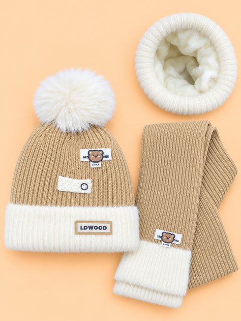 2-Pcs Baby Earflap Beanie Cap & Knitted Muffler Gift Set (Beige)