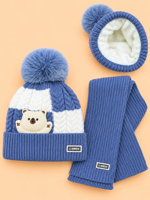 2-Pcs Bear Earflap Beanie Cap & Knitted Muffler Gift Set (Blue)