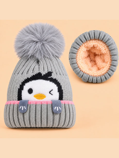 Penguin Embroidery Knitted Beanies (Grey)