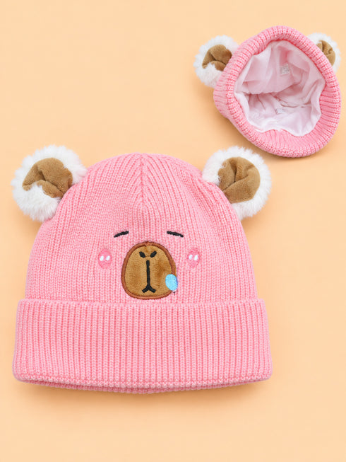Teddy Face Knitted Beanies (Pink)