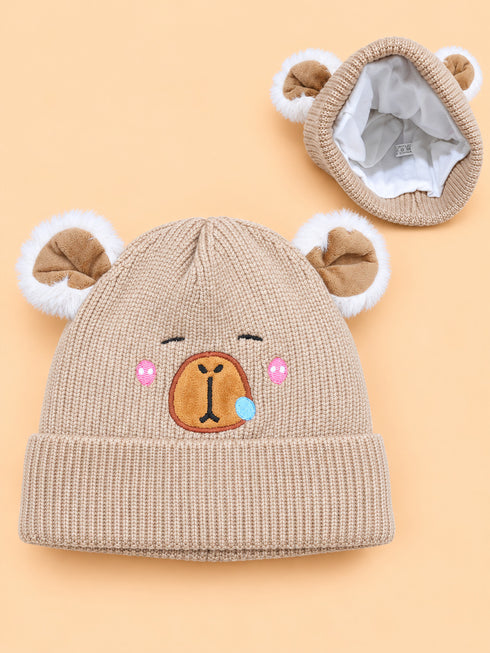Teddy Face Knitted Beanies (Beige)
