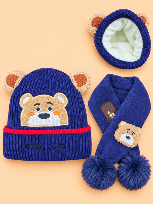 2-Pcs Bear Embroidered Earflap Beanie Cap & Knitted Muffler Gift Set (Navy Blue)