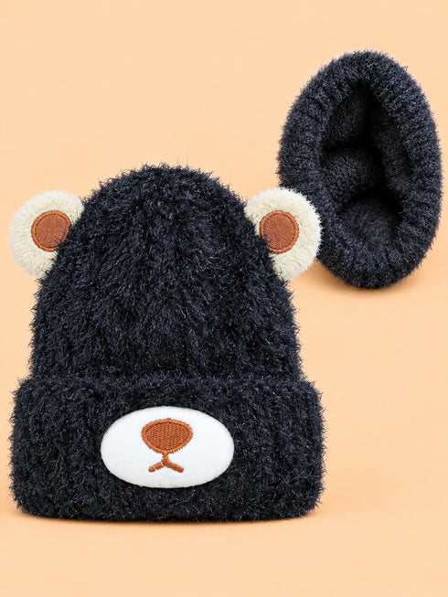 Teddy Bear Knitted Baby Beanies (Black)