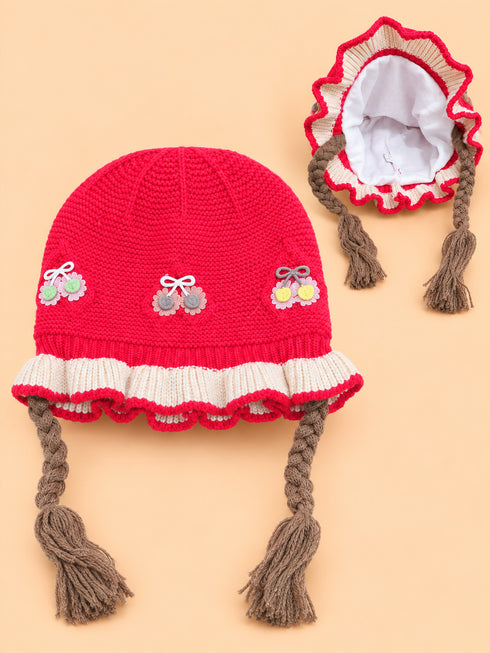 Floral Embroidered Knitted Beanies (Red)