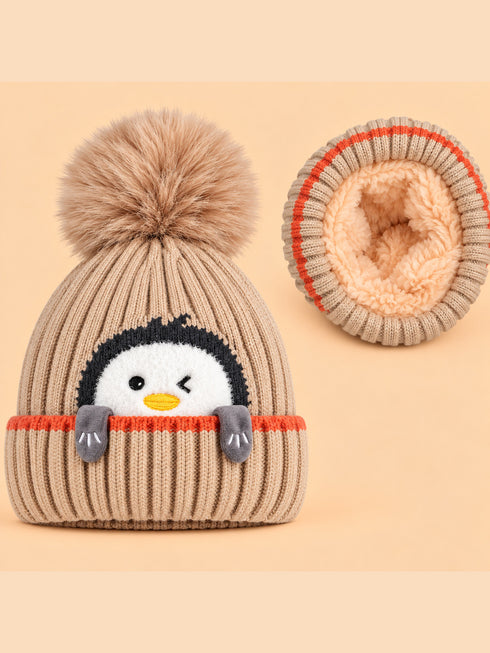 Penguin Embroidery Knitted Beanies (Beige)