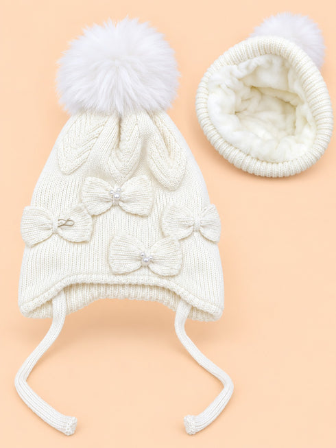 Baby Earflap Knitted Pearl Bow Beanie (White)