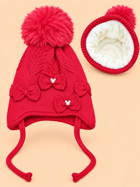Baby Earflap Knitted Pearl Bow Beanie (Red)