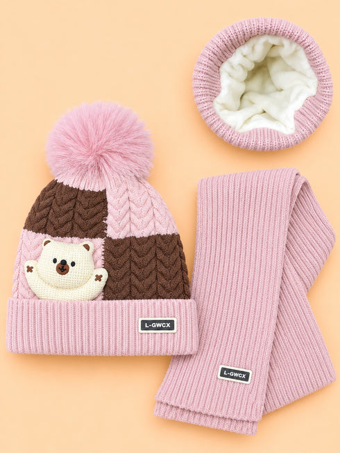 2-Pcs Bear Earflap Beanie Cap & Knitted Muffler Gift Set (Pink)