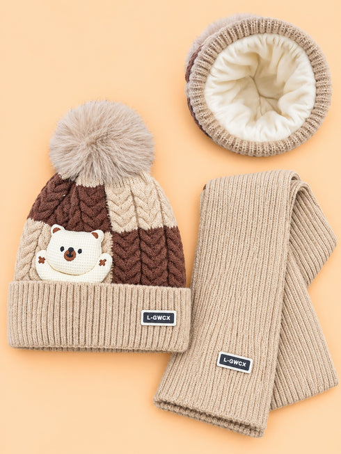 2-Pcs Bear Earflap Beanie Cap & Knitted Muffler Gift Set (Beige)