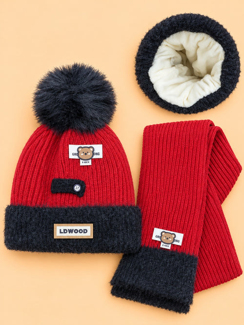 2-Pcs Baby Earflap Beanie Cap & Knitted Muffler Gift Set (Red)