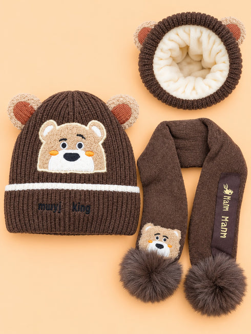 2-Pcs Bear Embroidered Earflap Beanie Cap & Knitted Muffler Gift Set (Brown)