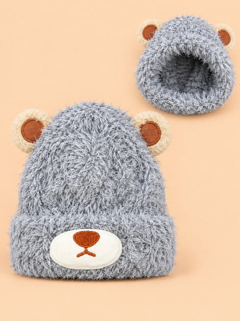 Teddy Bear Knitted Baby Beanies (Grey)