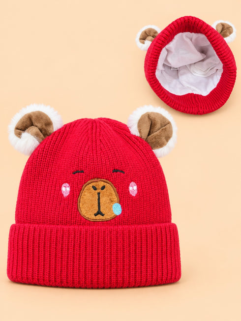 Teddy Face Knitted Beanie (Red)
