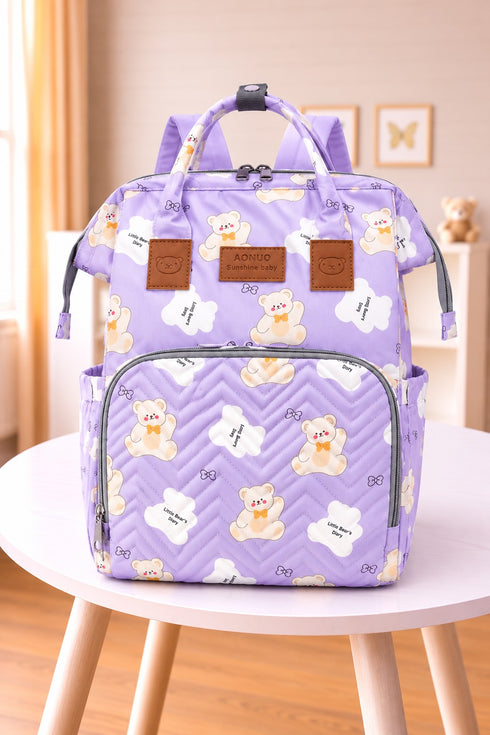 Teddy Bear Printed Baby Diaper Bag Backpack (Purple)