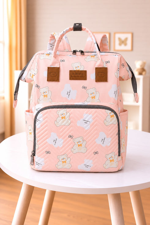 Teddy Bear Printed Baby Diaper Bag Backpack (Peach)