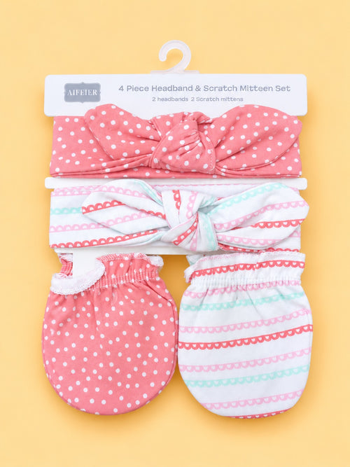 4-Pcs Baby Headbands & Scratch Mittens Gift Set