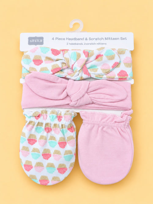 4-Pcs Baby Headbands & Scratch Mittens Gift Set