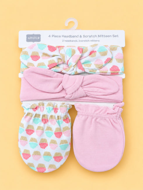 4-Pcs Baby Headbands & Scratch Mittens Gift Set