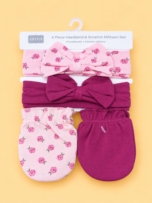 4-Pcs Baby Headbands & Scratch Mittens Gift Set