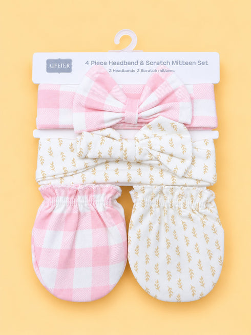 4-Pcs Baby Headbands & Scratch Mittens Gift Set