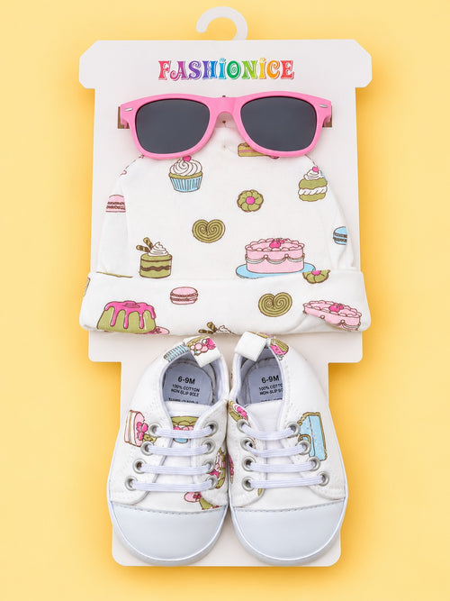 3-Pcs Dessert Printed Baby Sneakers With Cap & Glasses