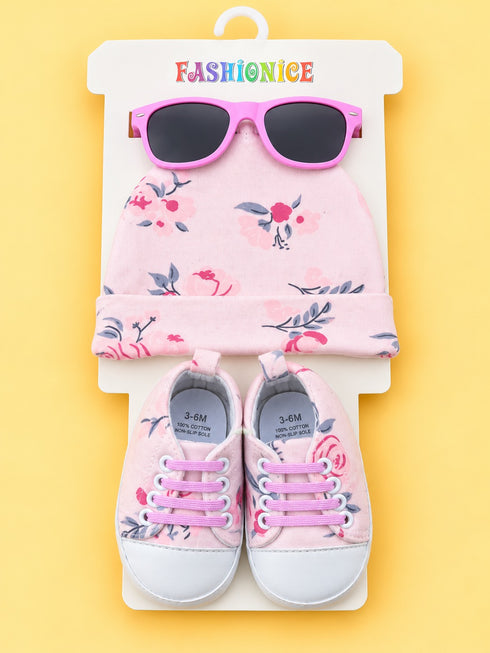 3-Pcs Floral Printed Baby Sneakers With Cap & Glasses