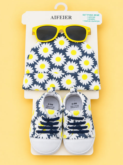 3-Pcs Daisy Printed Baby Sneakers With Cap & Glasses