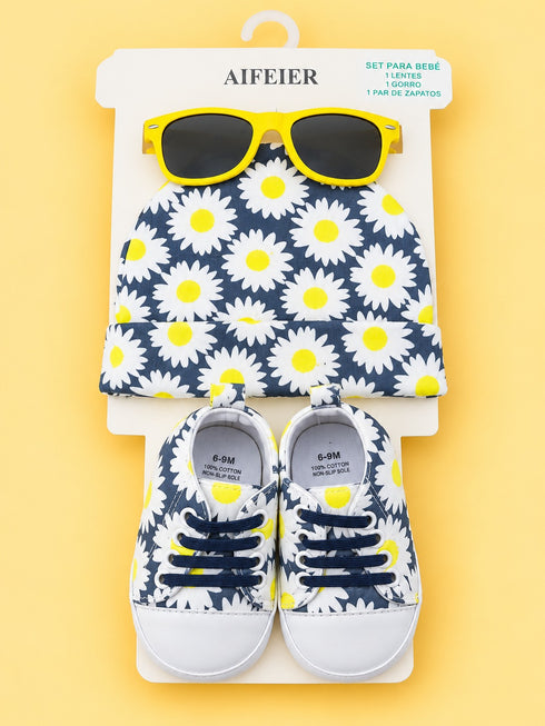 3-Pcs Daisy Printed Baby Sneakers With Cap & Glasses