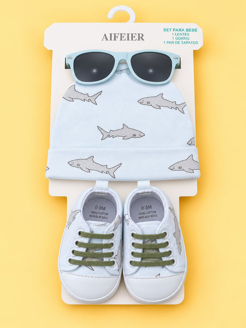 3-Pcs Shark Printed Baby Sneakers With Cap & Glasses