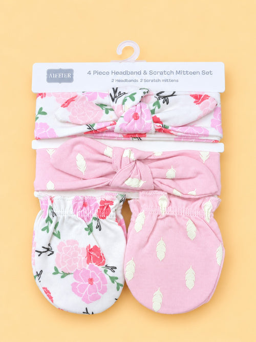 4-Pcs Baby Headbands & Scratch Mittens Gift Set